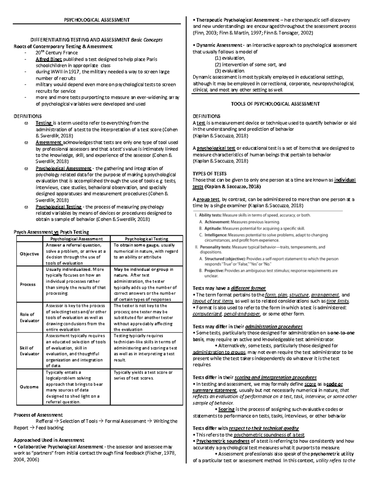 Lecture Notes - PSYCH 101: Psychological Assessment Overview - Studocu