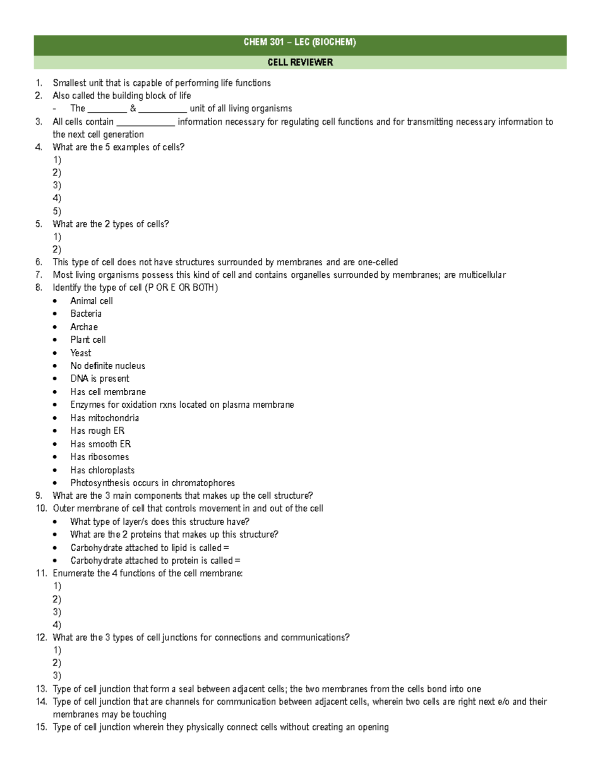 CHEM 301 - Biochem LEC: Comprehensive Cell Reviewer Guide - Studocu
