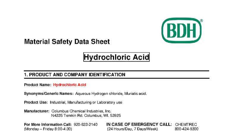 MSDS for Hydrochloric Acid (HCl) - Safety and Handling Guidelines - Studocu