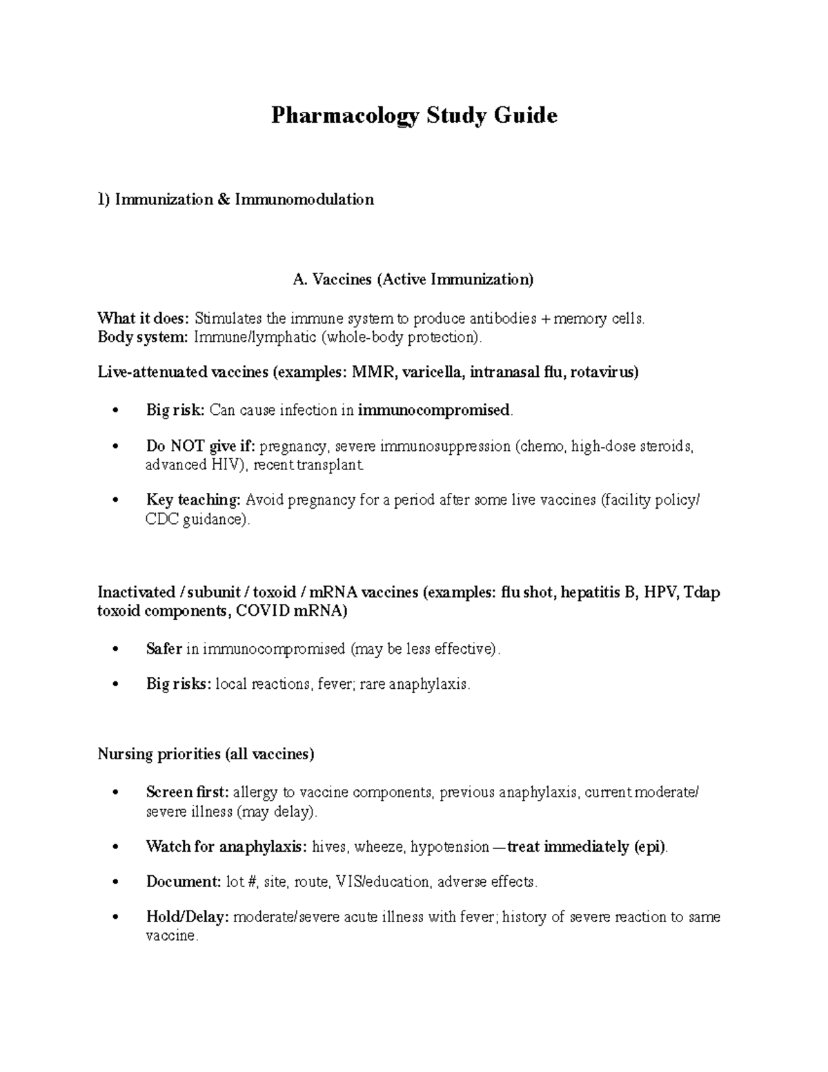 Pharmacology Study Guide: Chapters 15-17 - Immunization ...