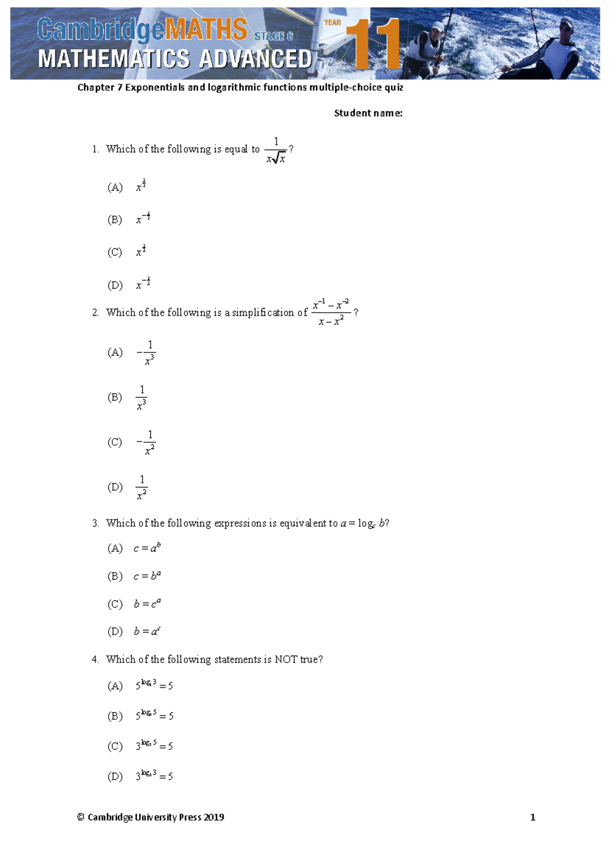 Chapter 7 Exponential & Logarithmic Functions Quiz - Studocu