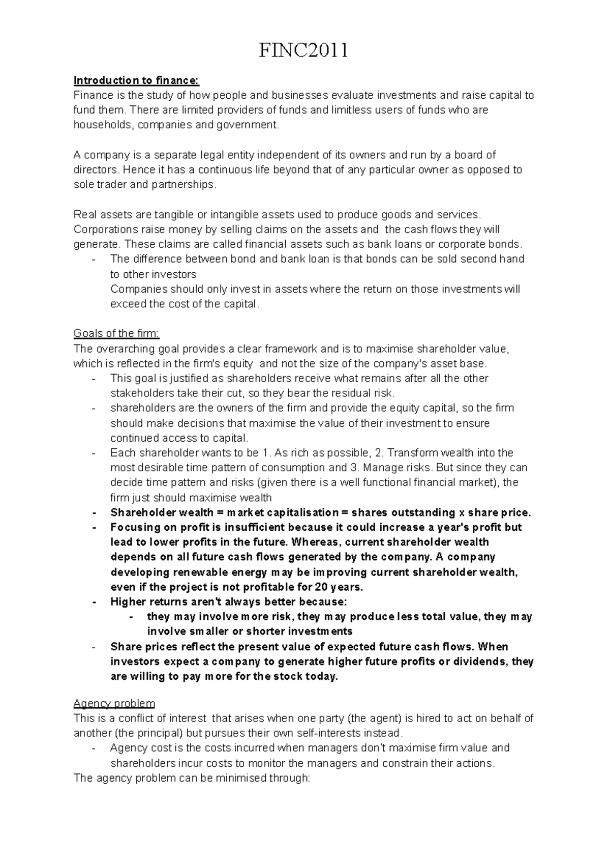 FINC2011 Comprehensive Study Guide: Introduction to Finance Concepts ...