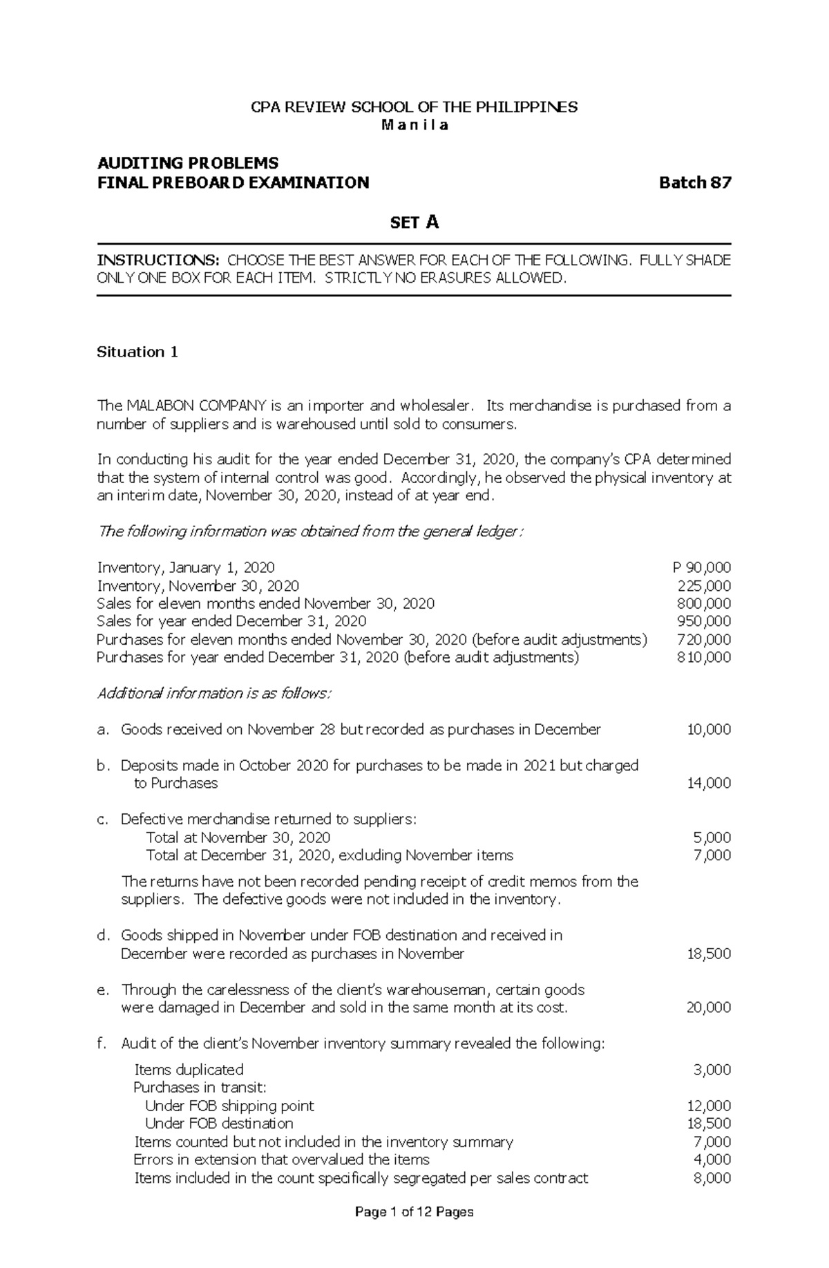 Auditing Problems Final Preboard Exam Review for Batch 87 - Studocu