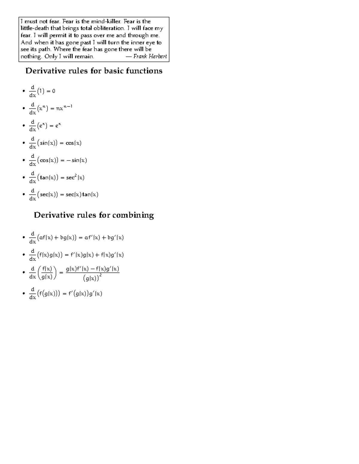 Derivative Rules for Basic Functions - Math 12 Handout - Studocu