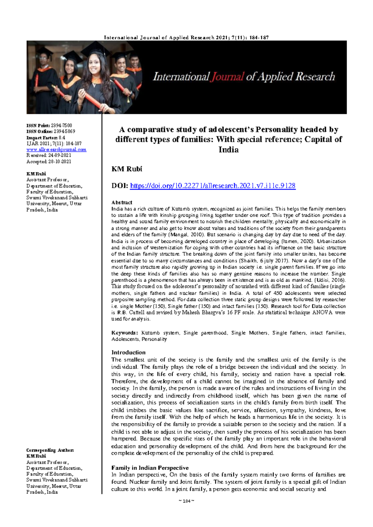Comparative Study of Personality in Different Family Types: IJAR 7(11 ...