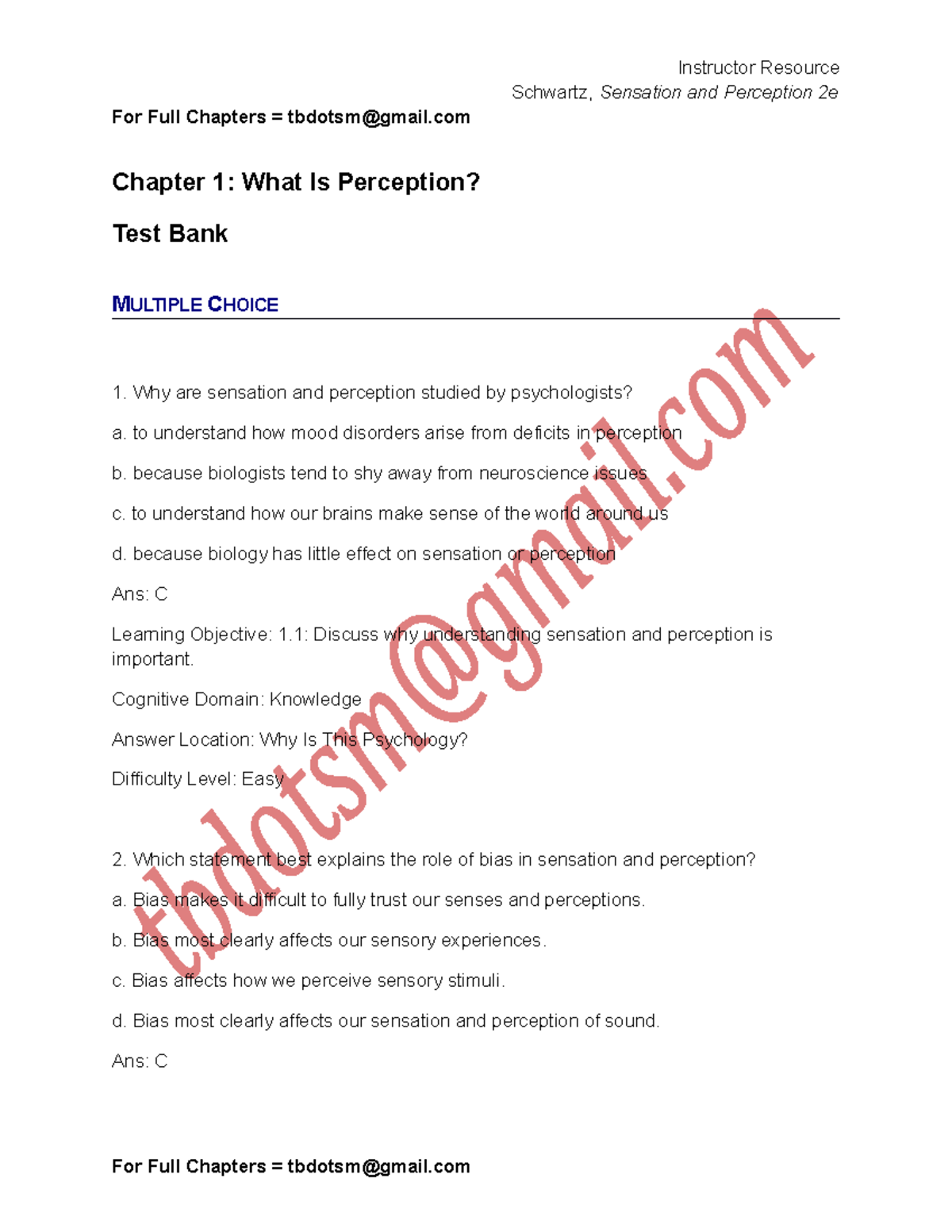 Test Bank Solutions for Sensation and Perception 2e (Schwartz) - Studocu