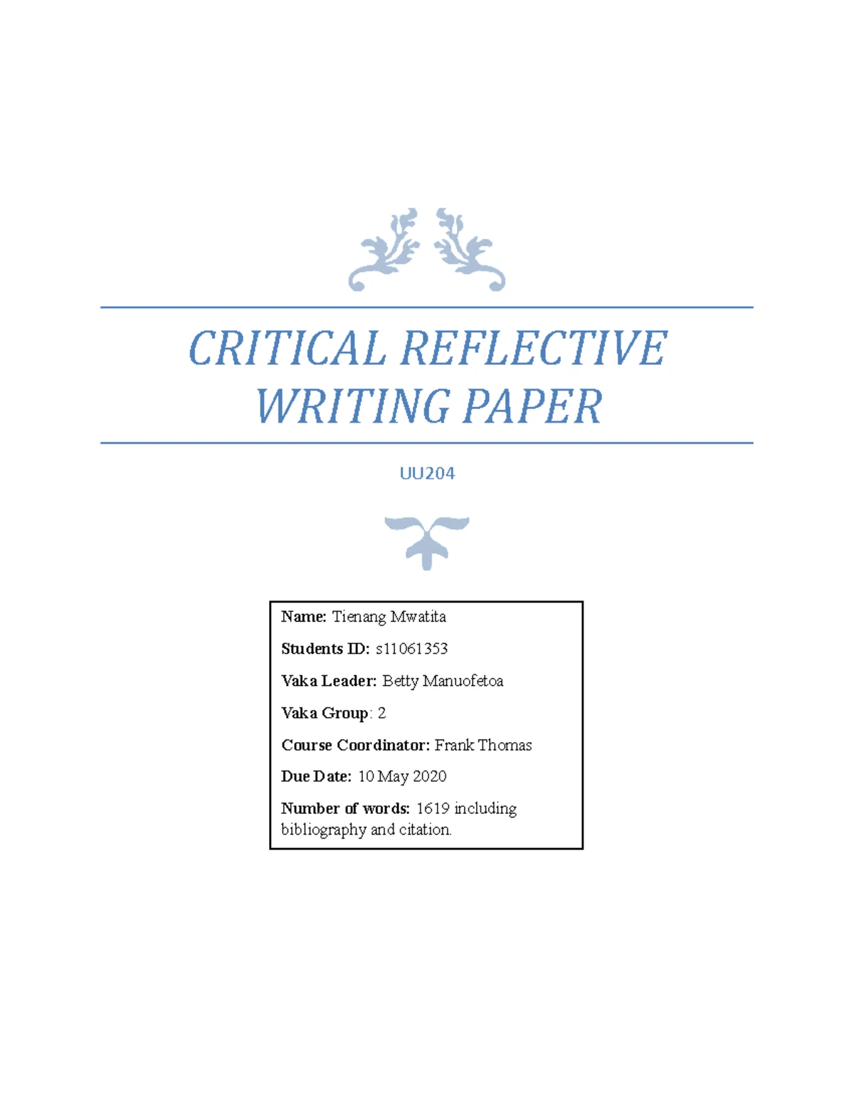 Reflection 2 UU204 - Grade: 8 - Pacific Worlds - USP - Studocu