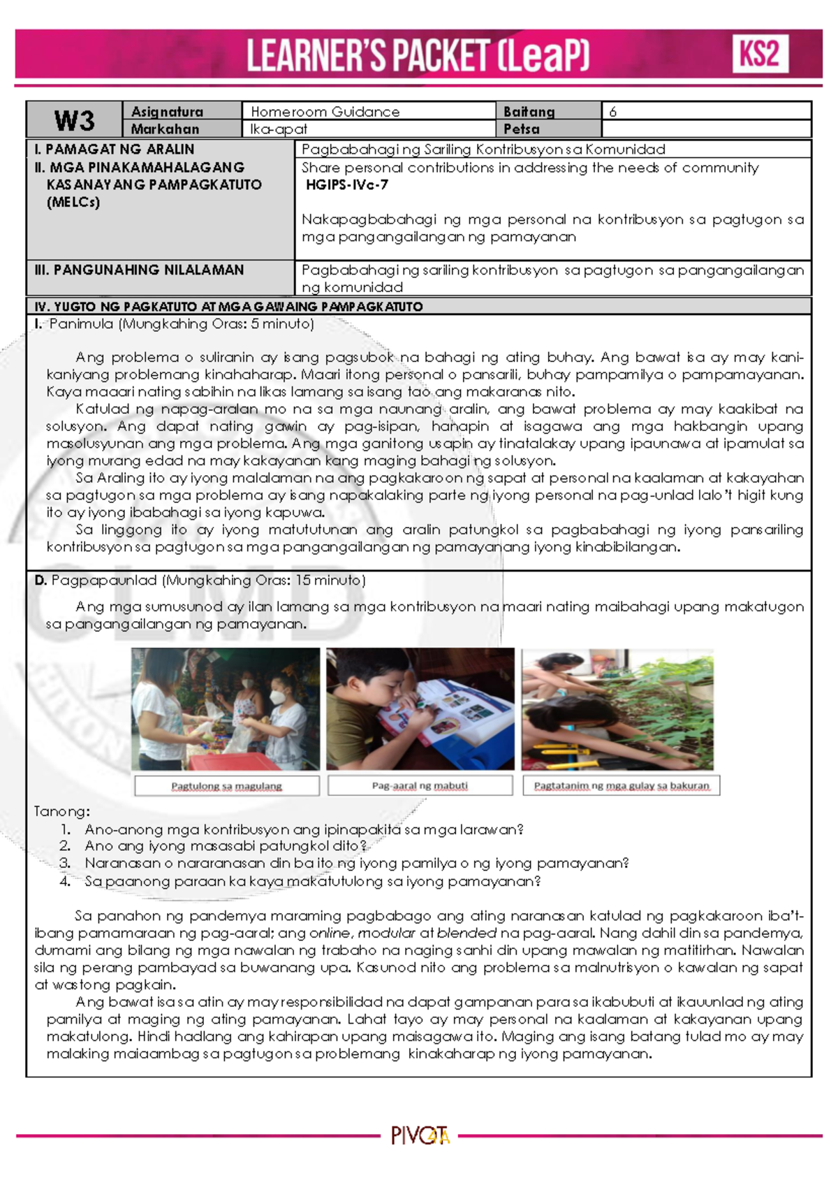 HGP 6 Week 3 Lesson: Personal Contributions to Community Needs - Studocu