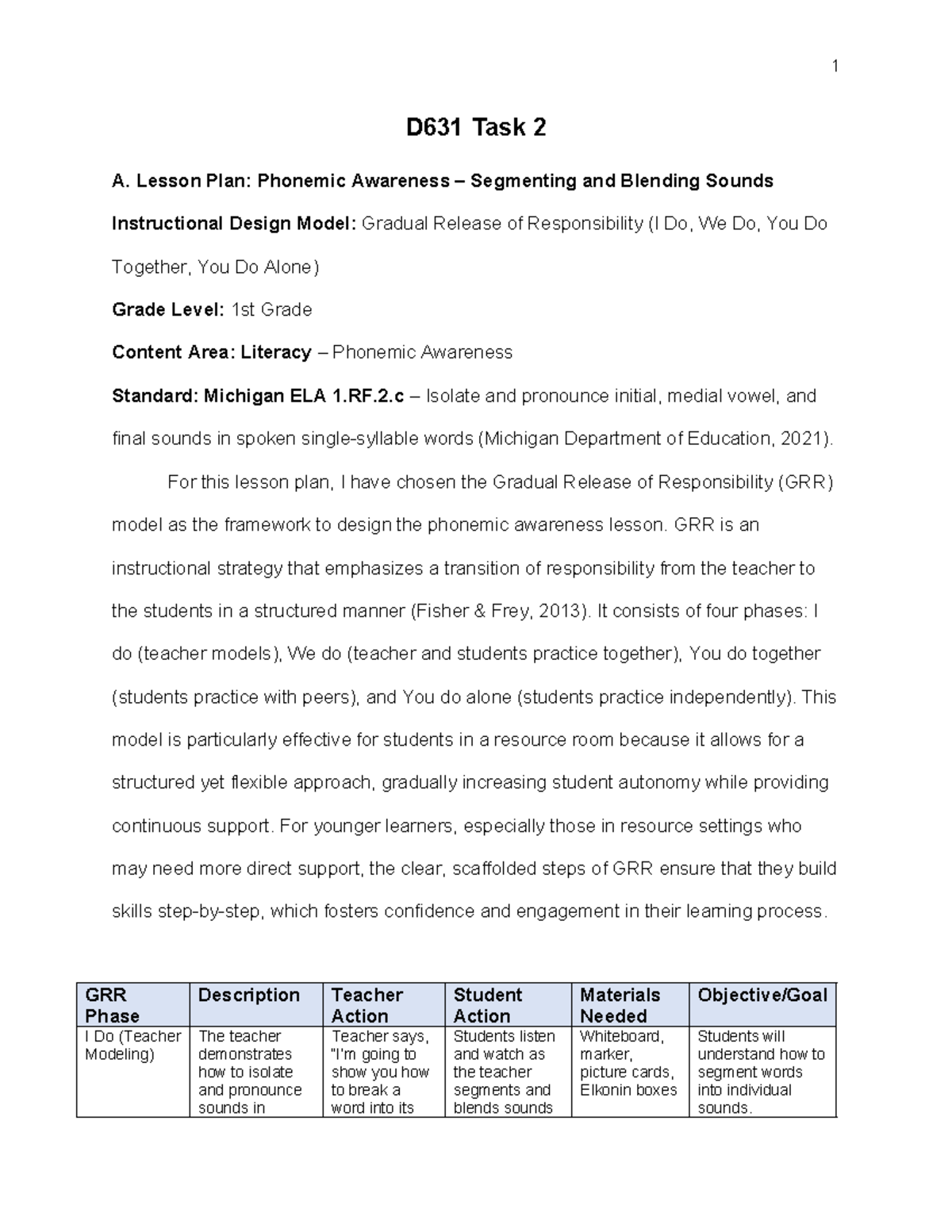 D631 Task 2 A. Lesson Plan: Phonemic Awareness Using GRR Model - Studocu
