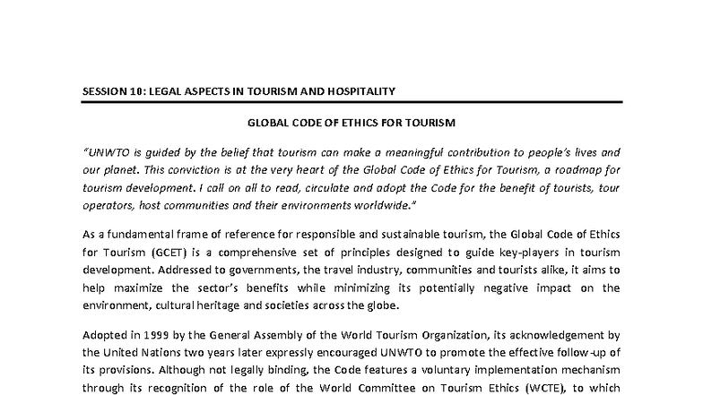Wk 11 Lecture 1: Global Code of Ethics for Tourism Overview - Studocu
