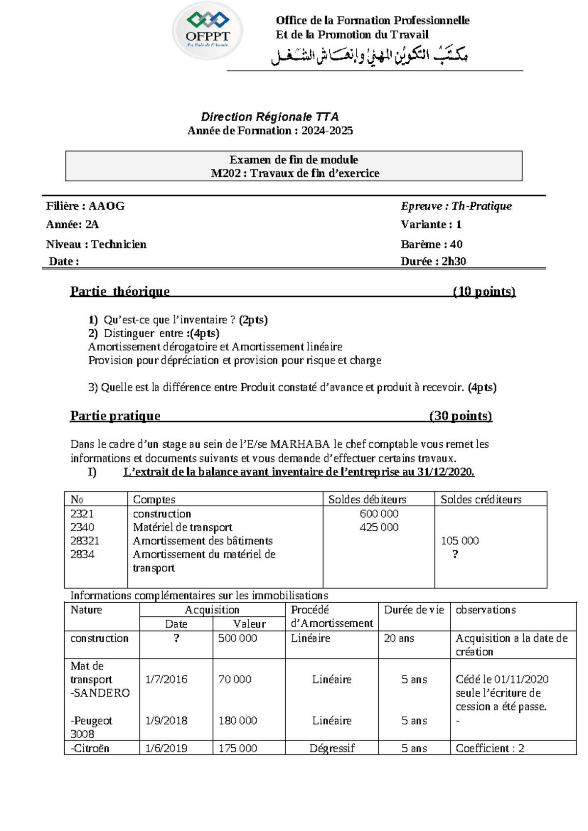 Examen de Fin de Module M202 : Travaux d'Inventaire AAOG 2A - Studocu