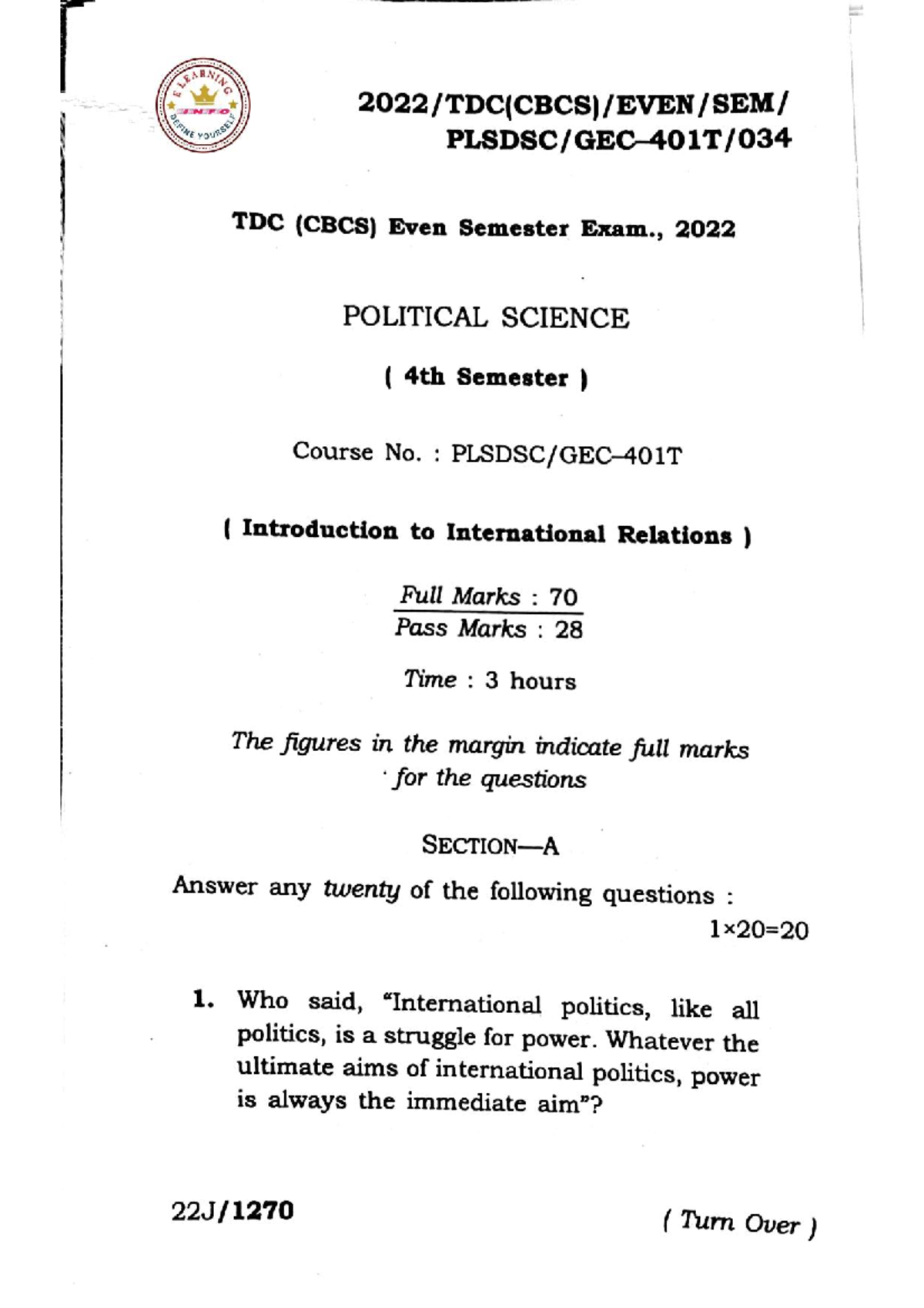 Plsdscge-401 - Question Paper on International Politics (Even Sem 2022 ...