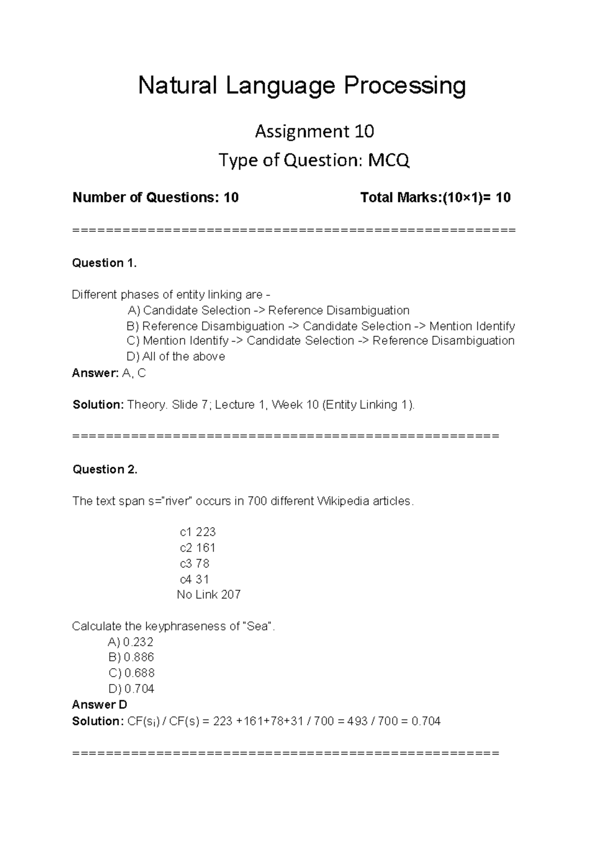 NPTEL NLP Assignment 10: MCQ Questions and Solutions - Studocu