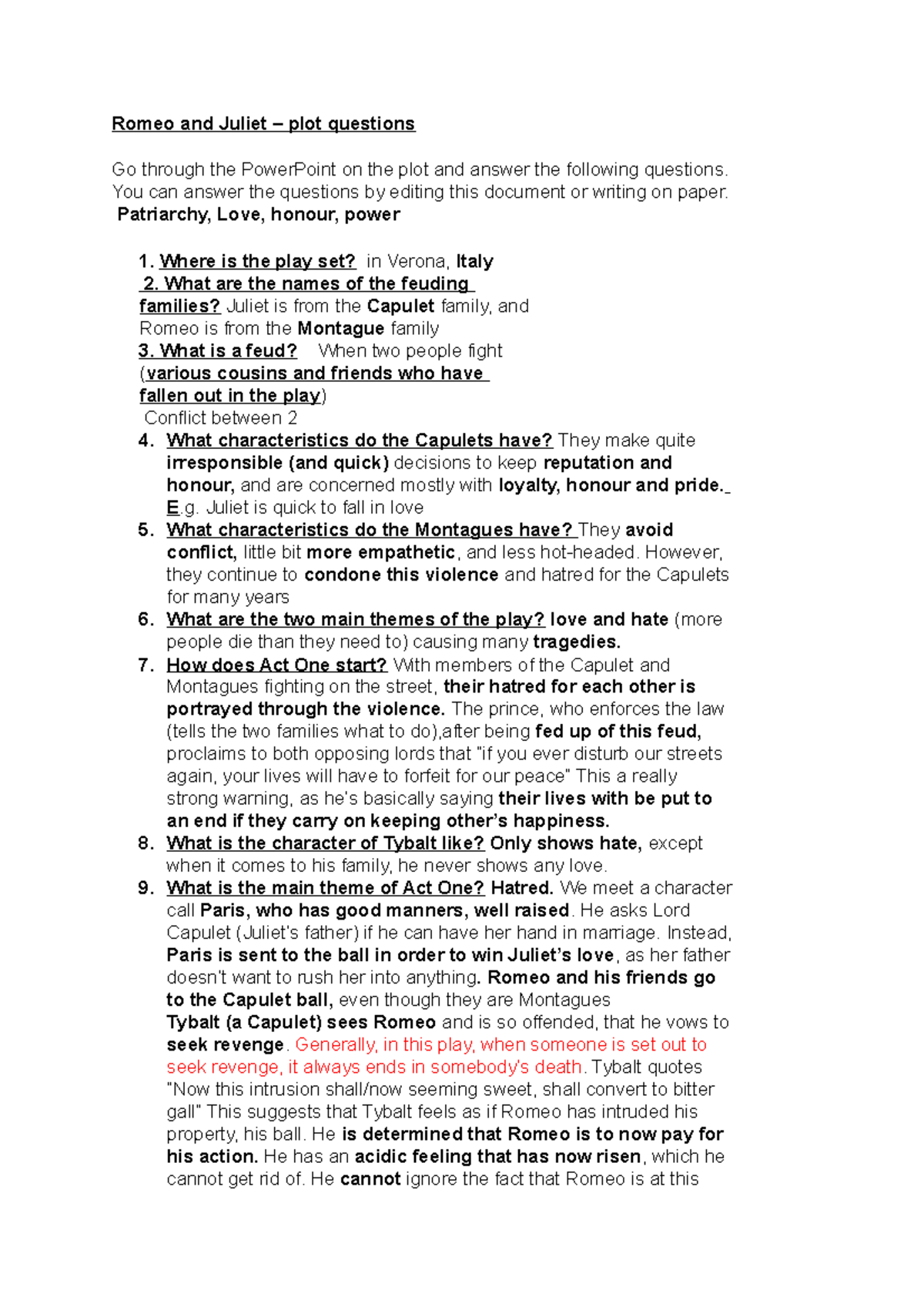 2. Romeo and Juliet Plot Questions - Analysis by Mr. Hopkins - Studocu