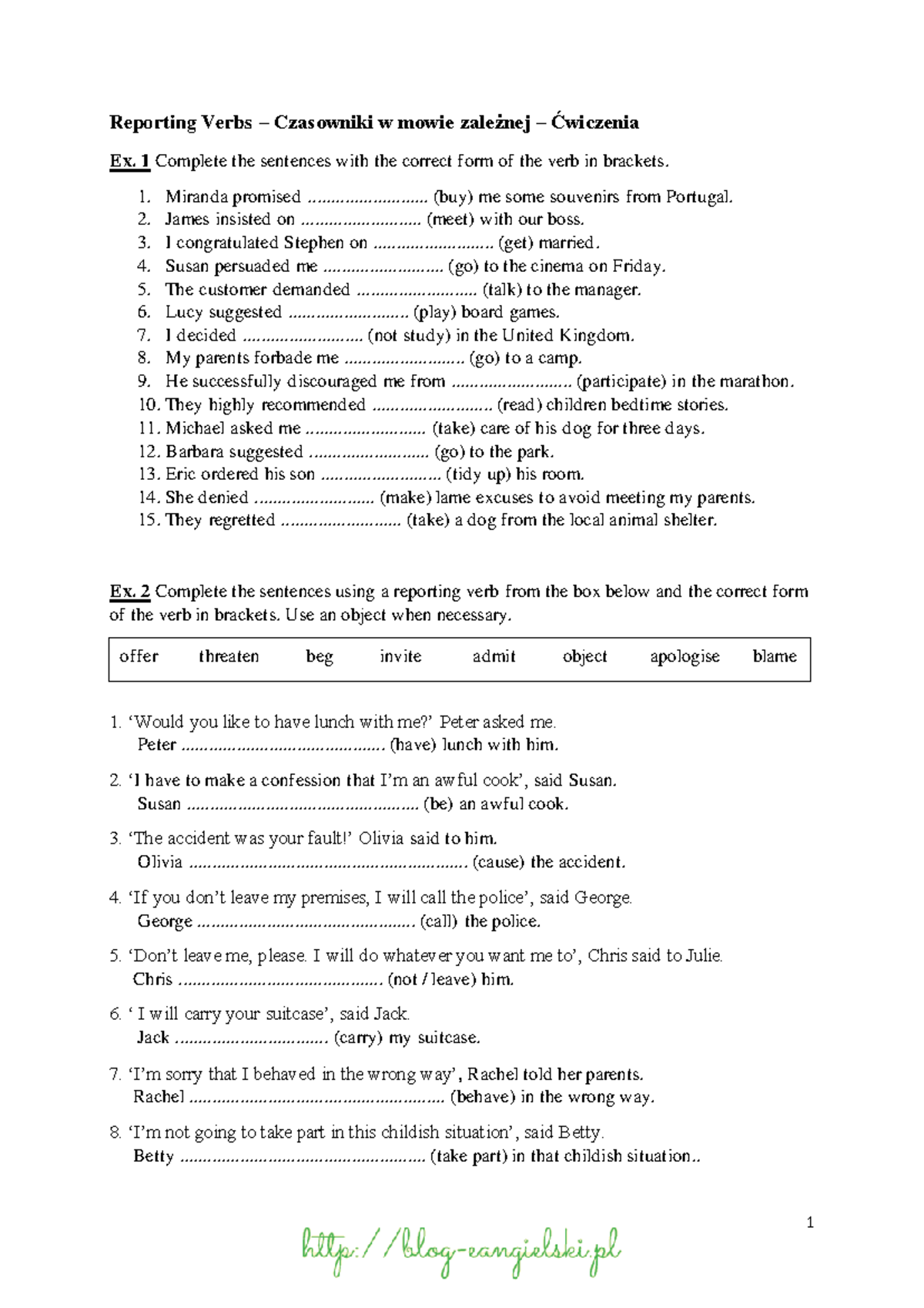 Reporting Verbs Exercises for Matura B2: Complete the Sentences - Studocu