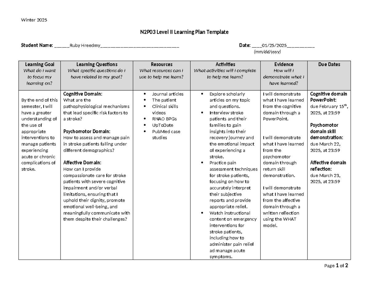 Learning plan template for N2P03 Level II - Winter 2025 - Studocu