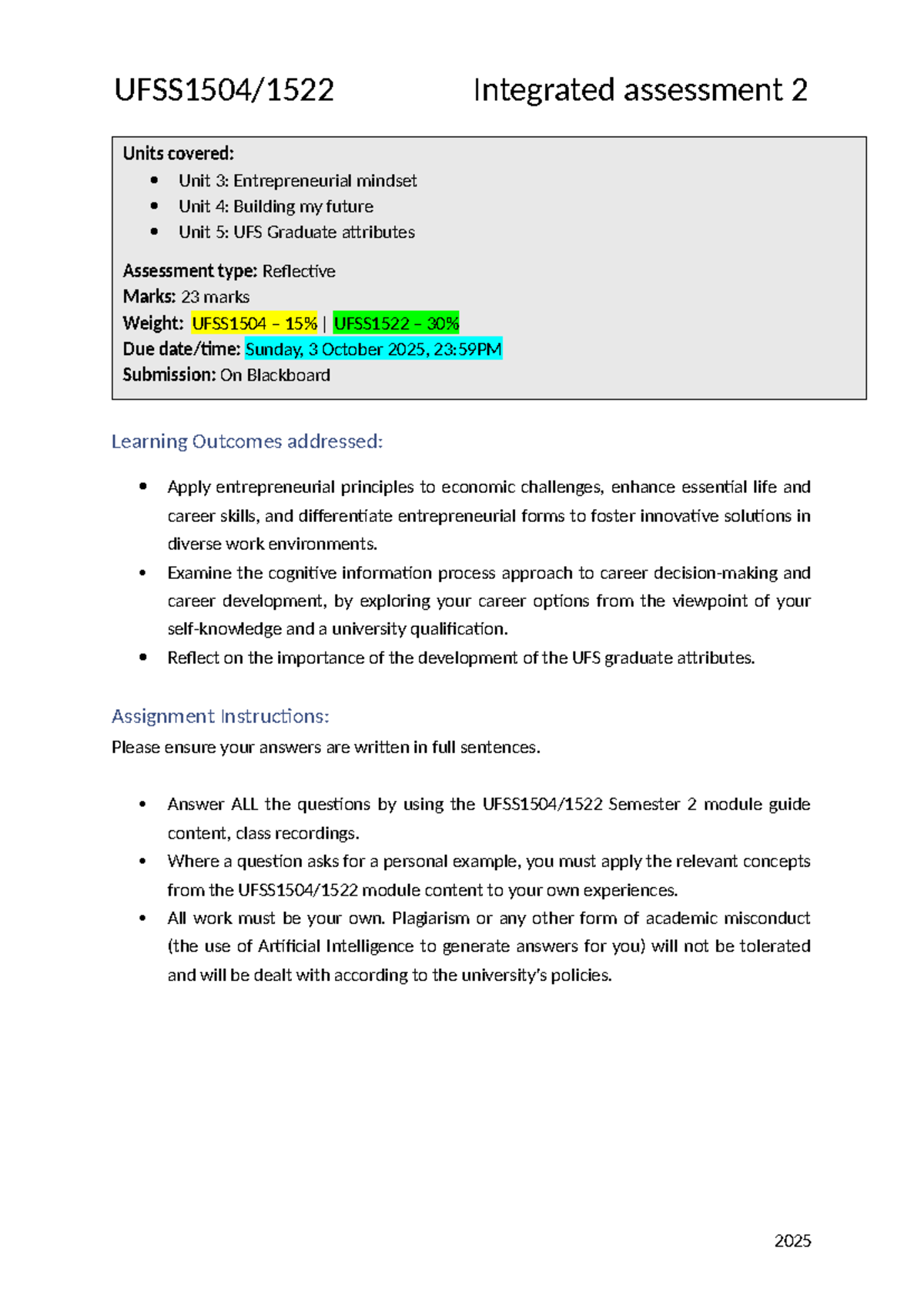 Integrated Assessment 2: Entrepreneurial Mindset & UFS Graduate ...
