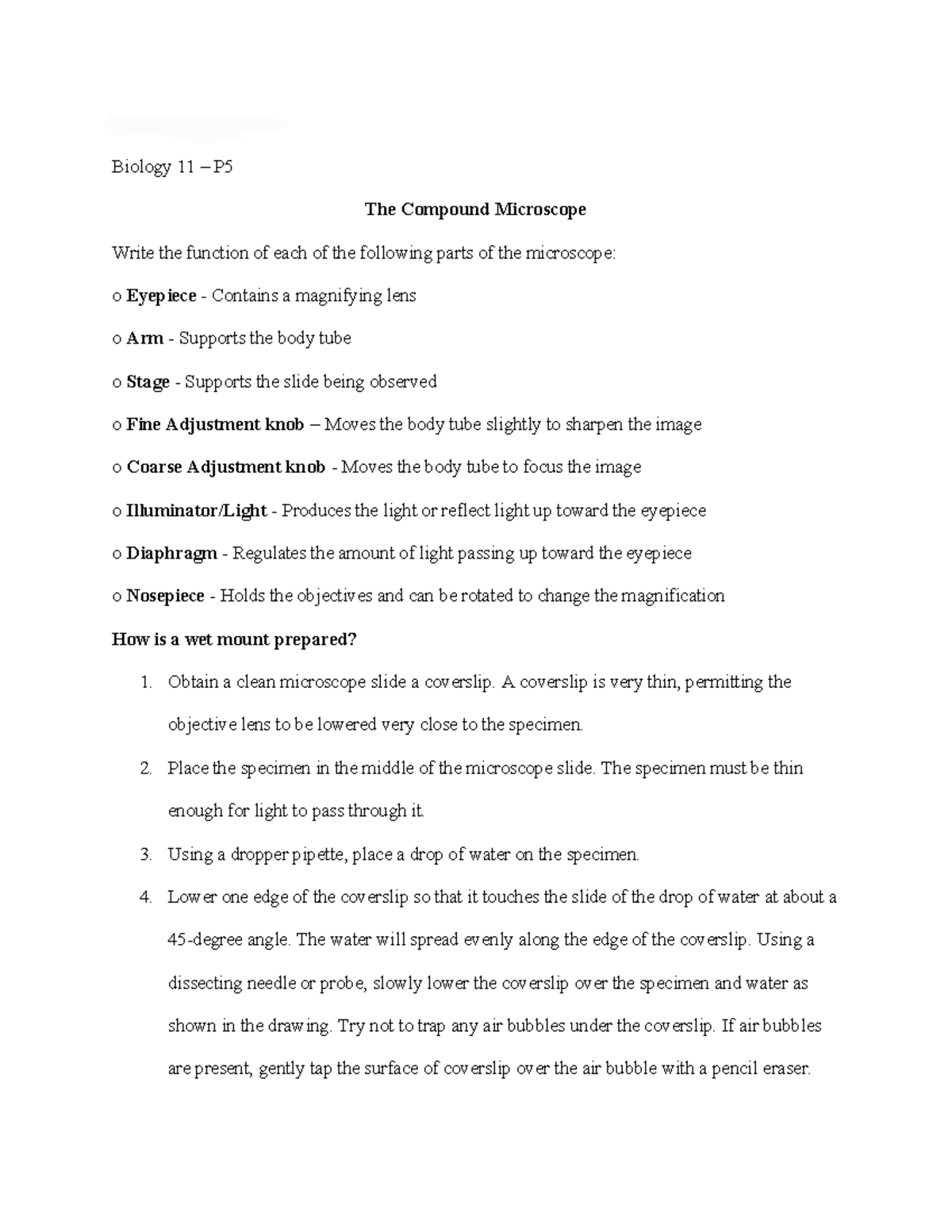 Biology 11 – P: Notes on the Compound Microscope Functions & Usage ...