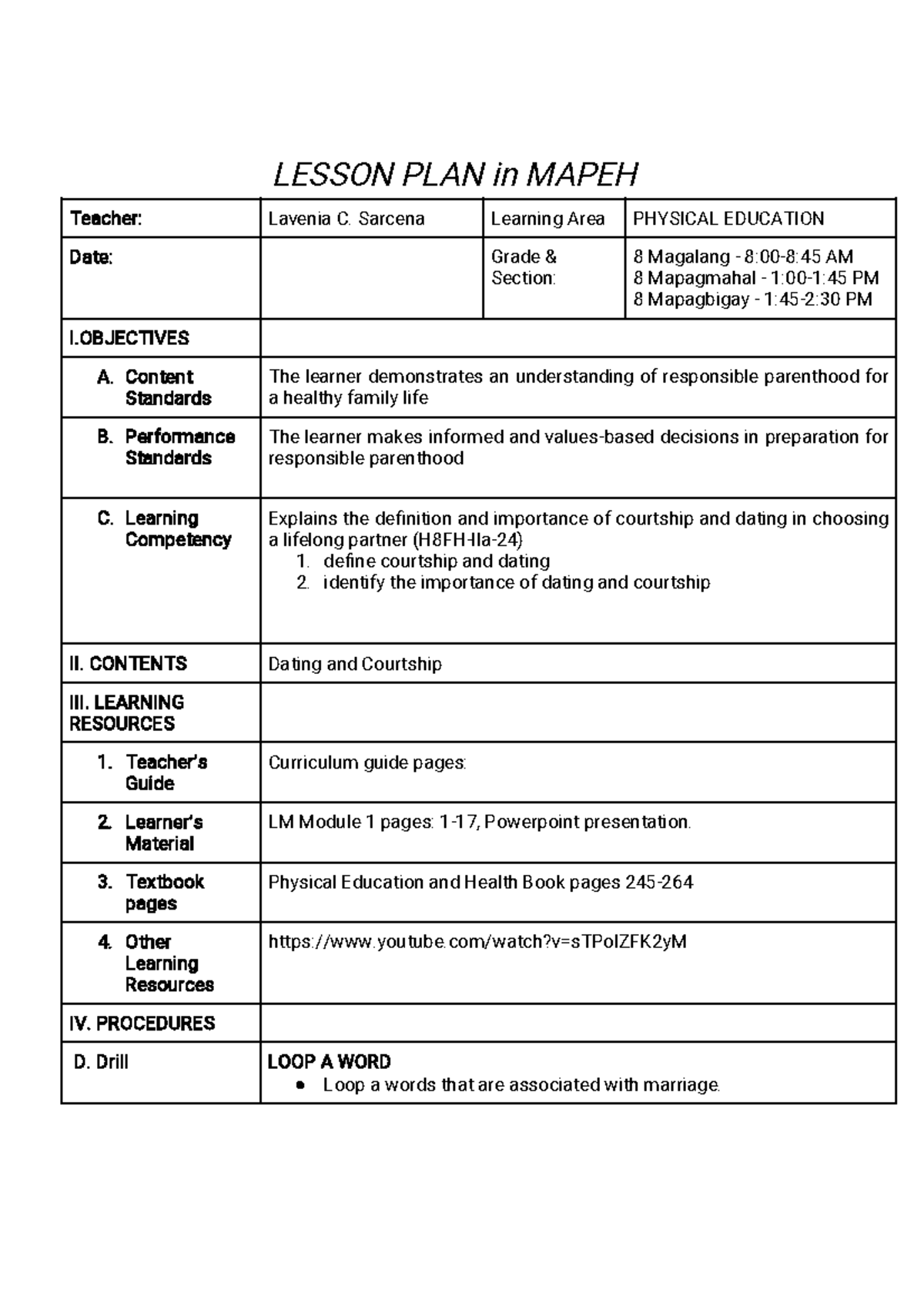 LP- Health- Courtship AND Dating - LESSON PLAN in MAPEH Teacher ...