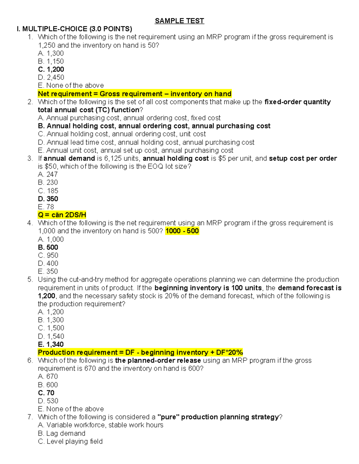 Sample Test I - Psumgo 301: MRP & Production Planning Questions - Studocu