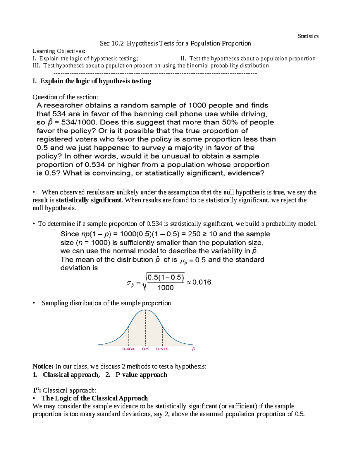 Statistics Sec 10.2: Hypothesis Tests for Population Proportion - Studocu