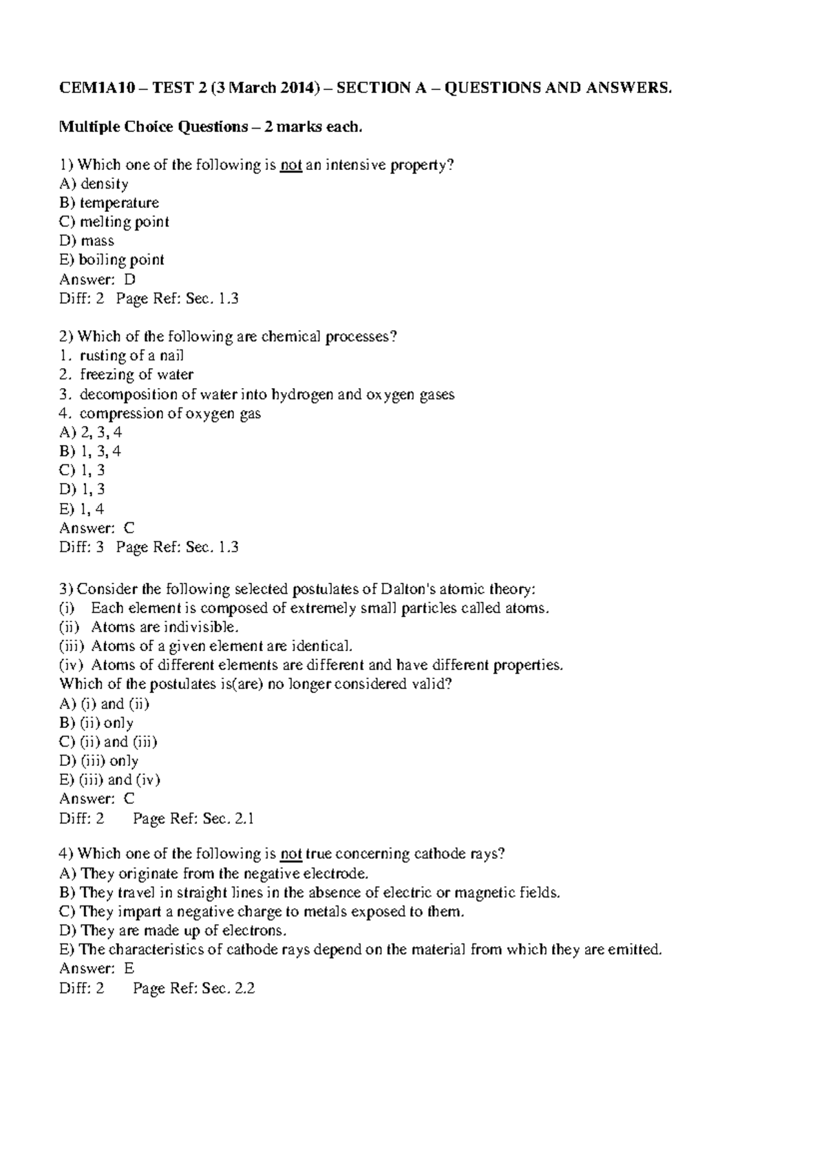 CEM1A10 - Test 2 2014 Questions - CEM1A10 – TEST 2 (3 March 2014 ...