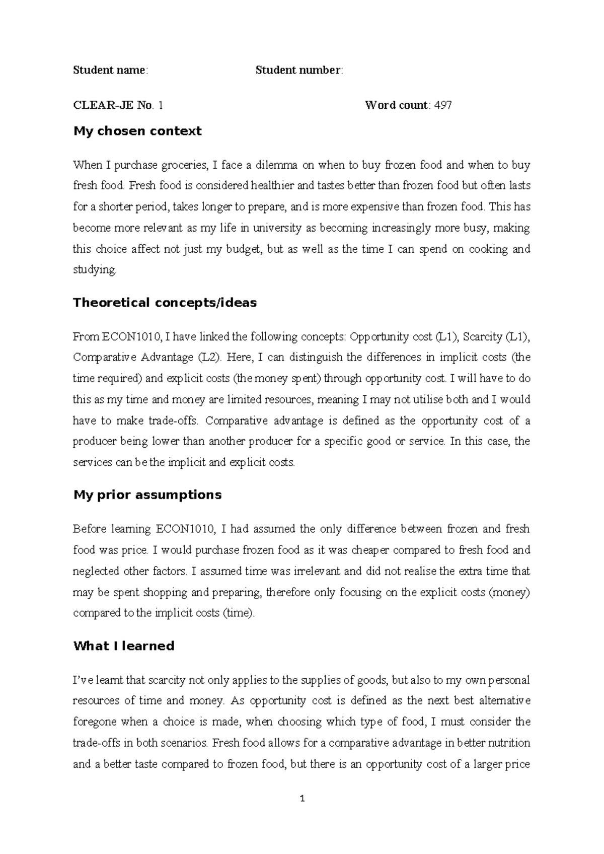 ECON1010 Essay: Fresh vs Frozen Food Choices and Opportunity Cost - Studocu