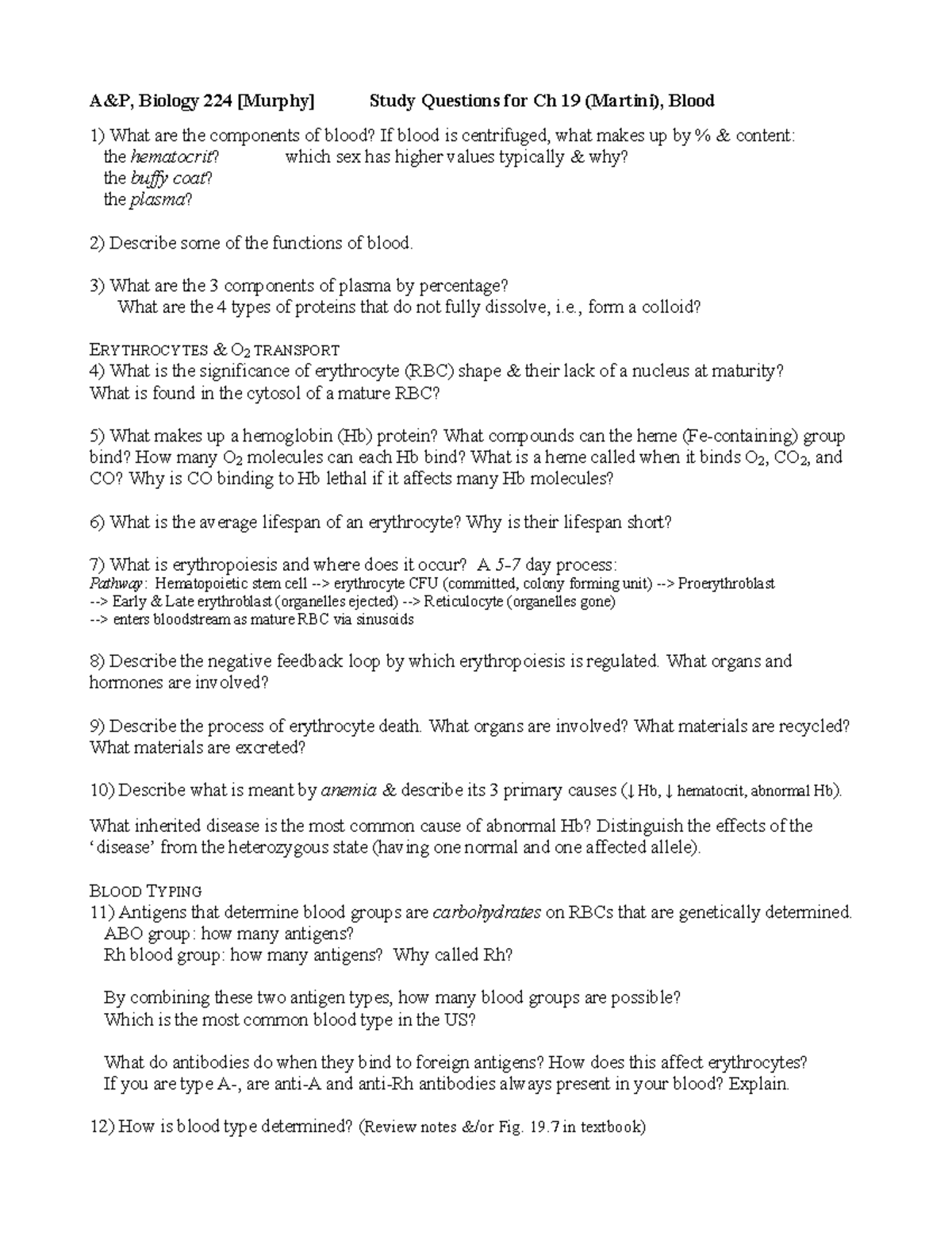 Study Guide for A&P Bio224: Chapter 19 - Blood Functions & Components ...
