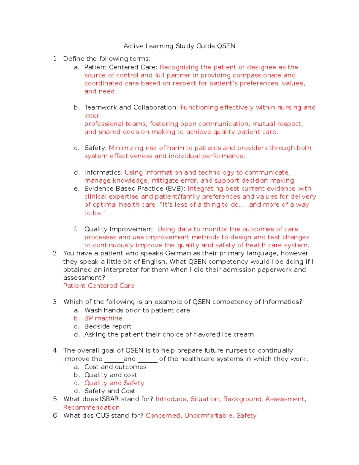 Active Learning Study Guide: QSEN Competencies for Nursing Care - Studocu