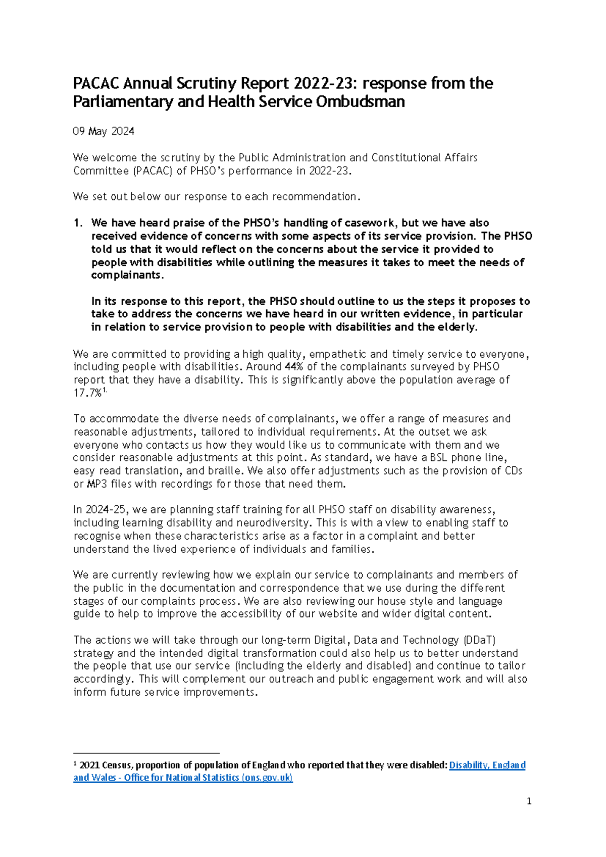 PACAC Report Response 2022-23: Addressing Service Concerns and ...