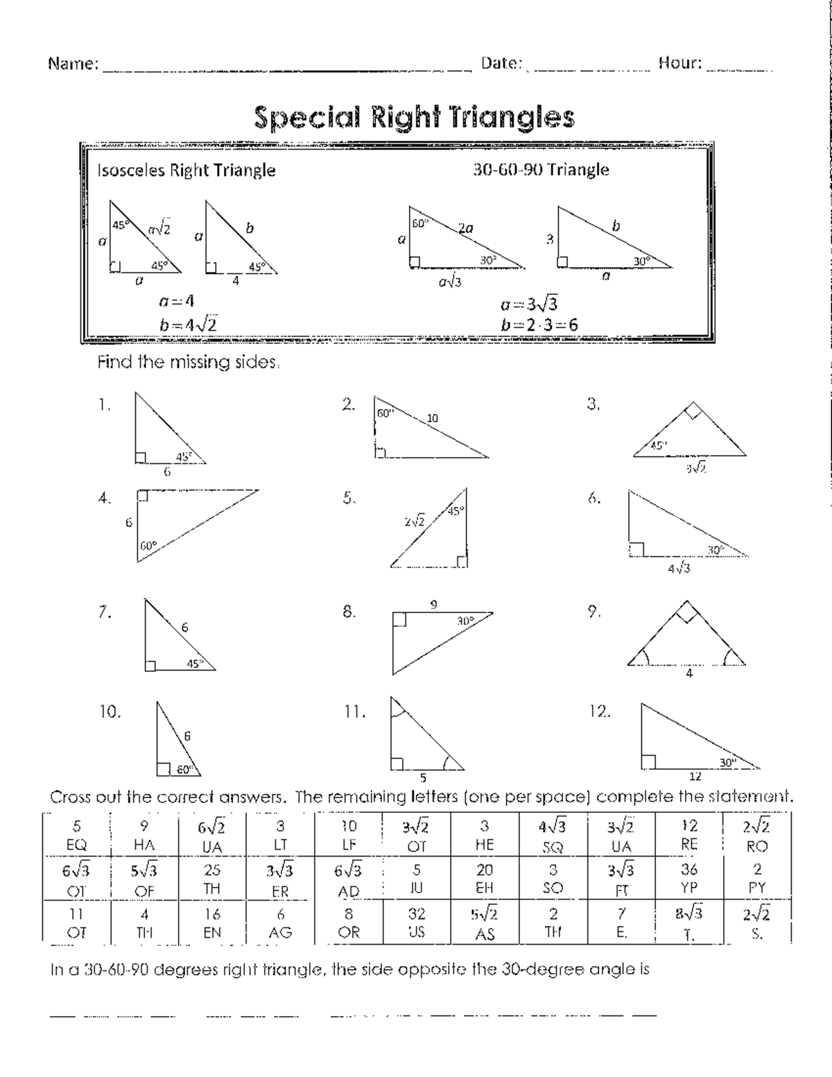 Special Right Triangles Puzzles (Key Included) - Math 101 - Studocu