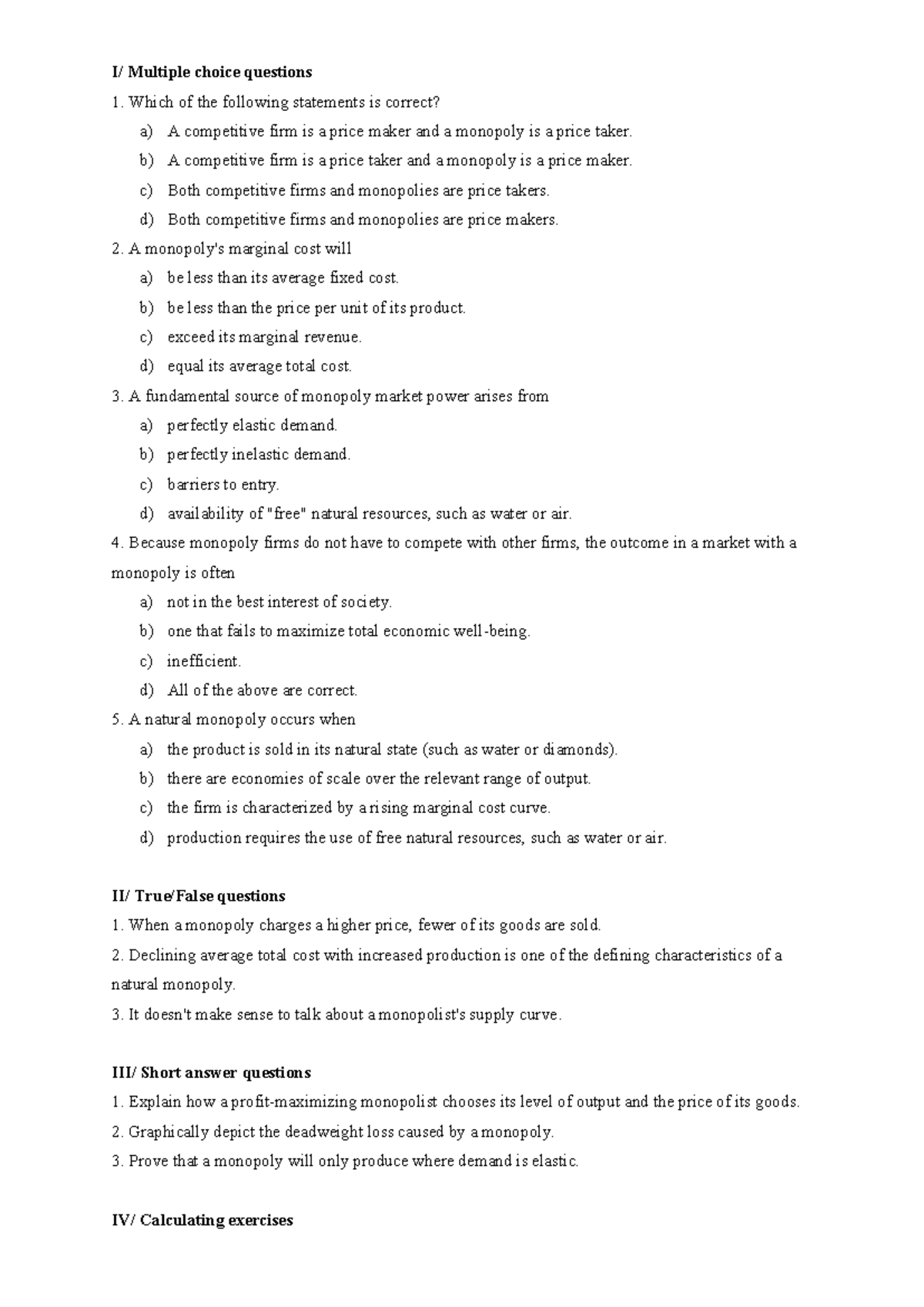 Chapter 6 questions - bt chương 6 vi mô - I/ Multiple choice questions ...