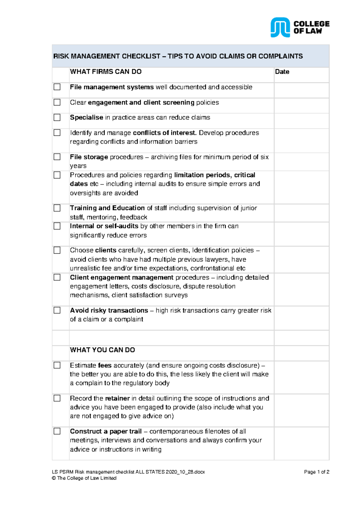 LS PSRM Risk Management Checklist: Tips to Avoid Claims - Studocu
