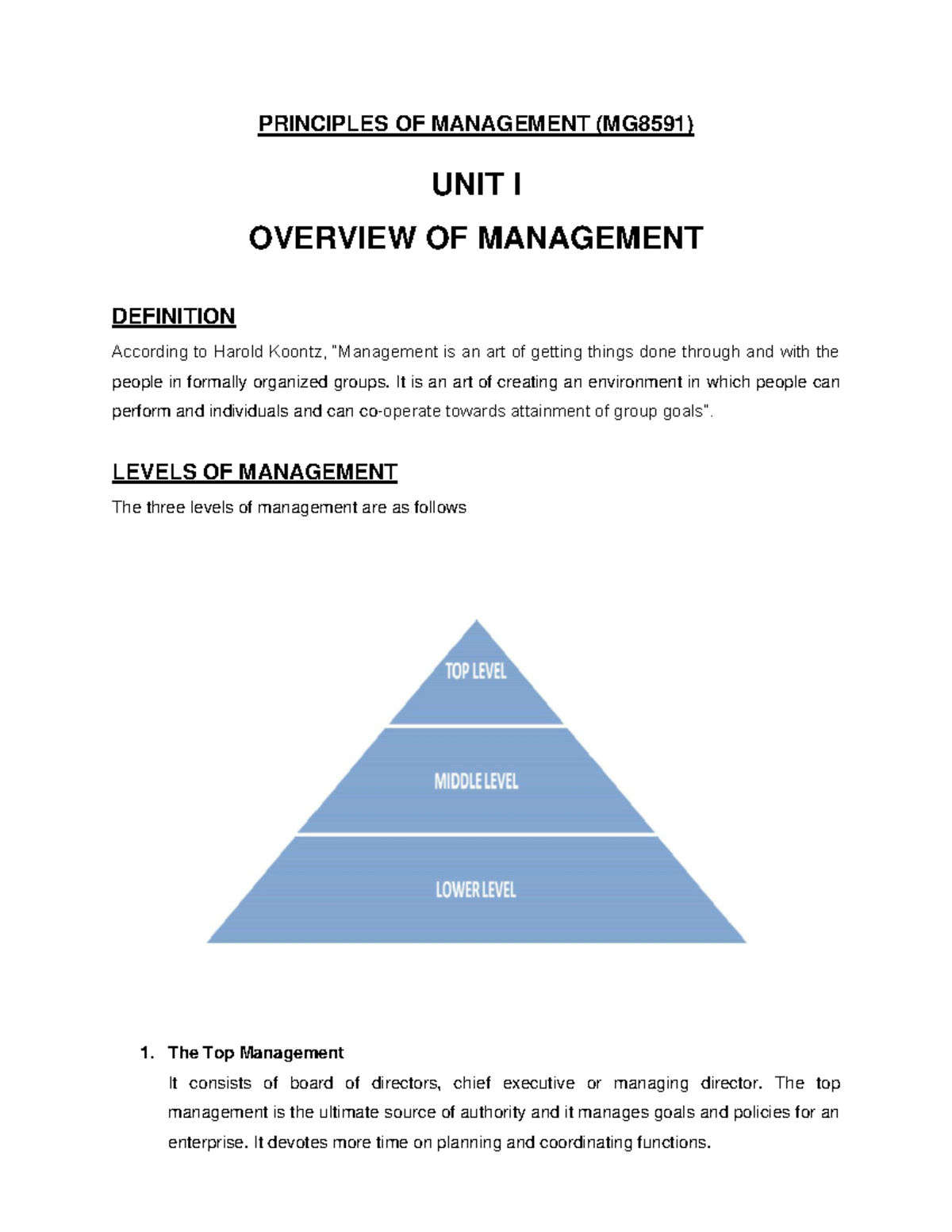 GE3751-POM Principles of Management Unit I Study Notes - Studocu