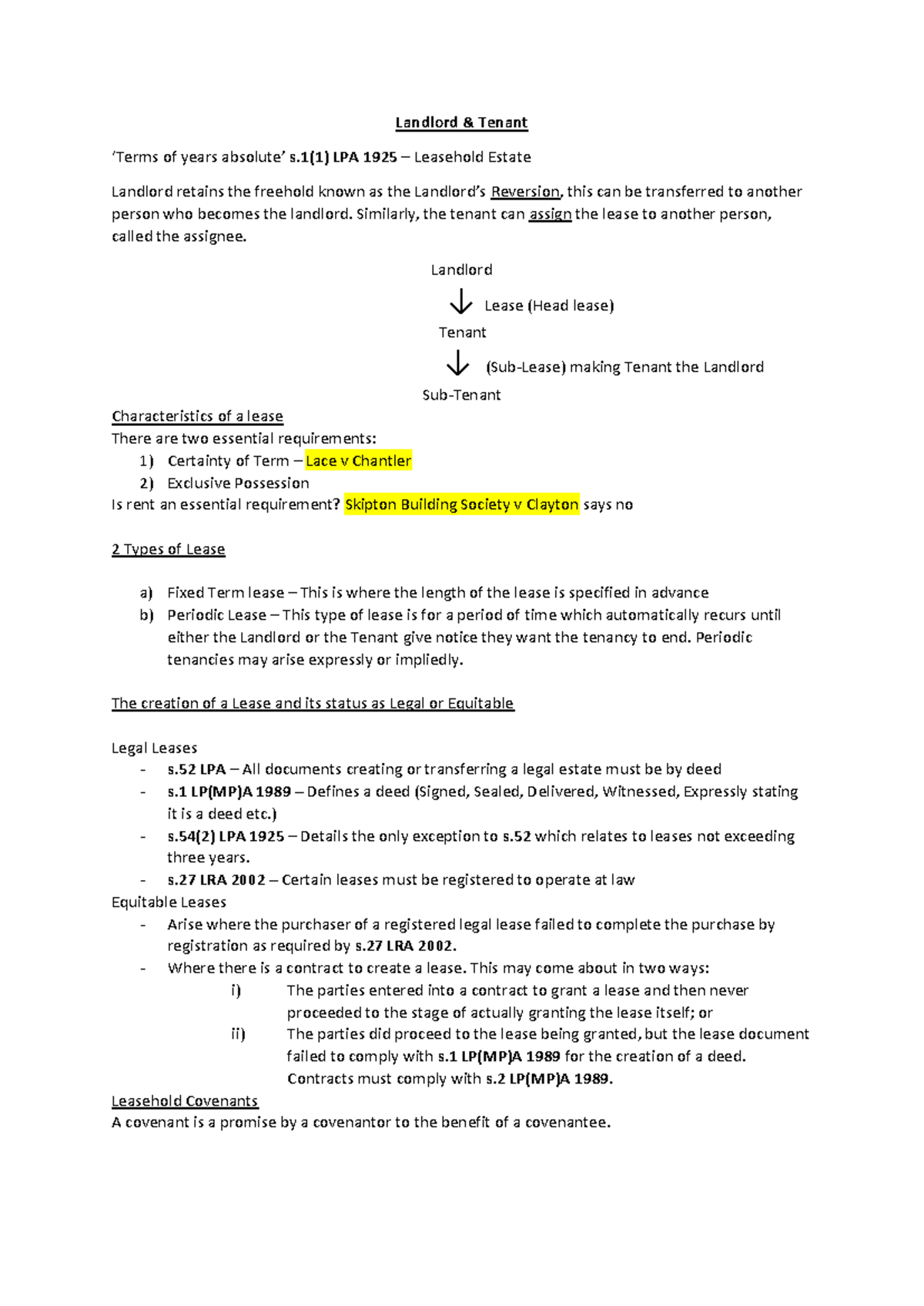 Landlord & Tenant Law: Revision Notes for Law 101 Exam Prep - Studocu