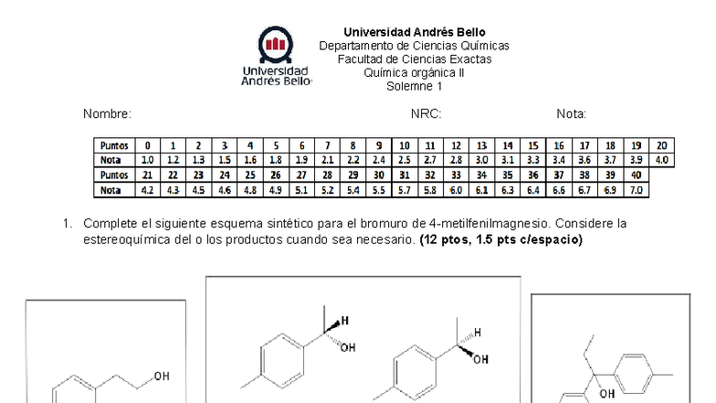 Solemne 1 de Química Orgánica II - QUIM310 Pauta de Evaluación - Document Preview