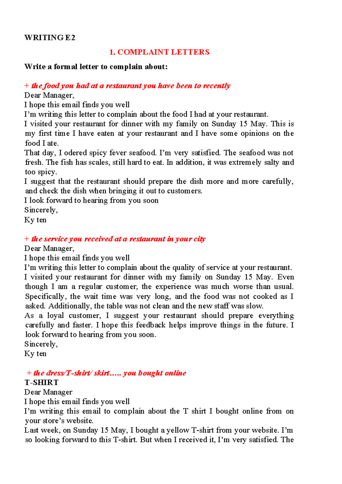 Writing E2 - ghcmhgc,jf,jf - WRITING E 1. COMPLAINT LETTERS Write a ...