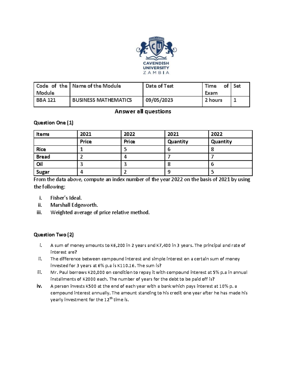 BBA121 CAT 2 - Business Mathematics Practice Questions and Solutions ...