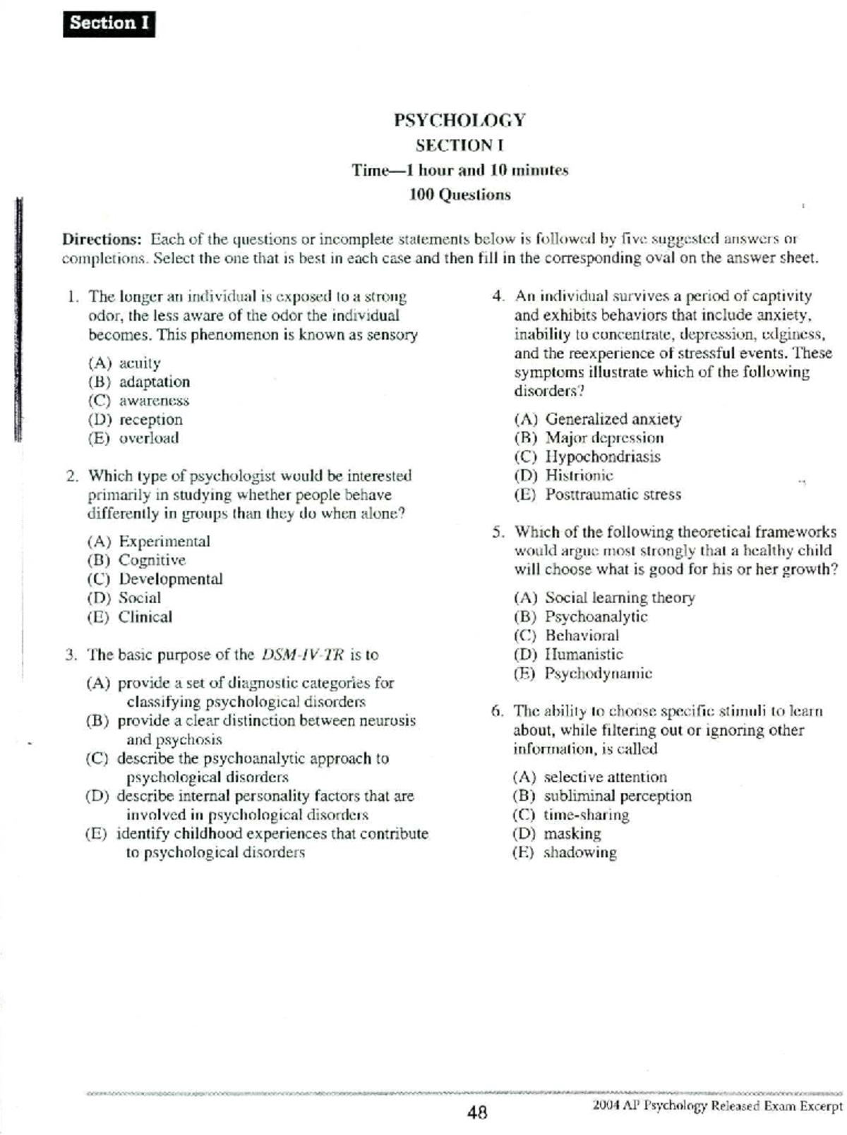 2004 AP Psychology Released Exam: Practice Questions and Answers - Studocu