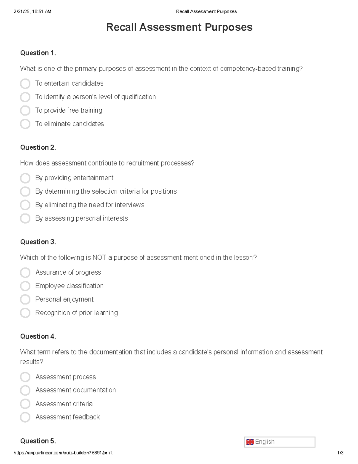 Recall Assessment Purposes - Recall Assessment Purposes Question 1 ...