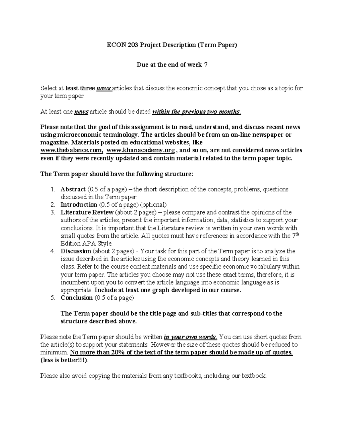 ECON 203 Term Paper Project: Microeconomic Analysis Guide - Studocu