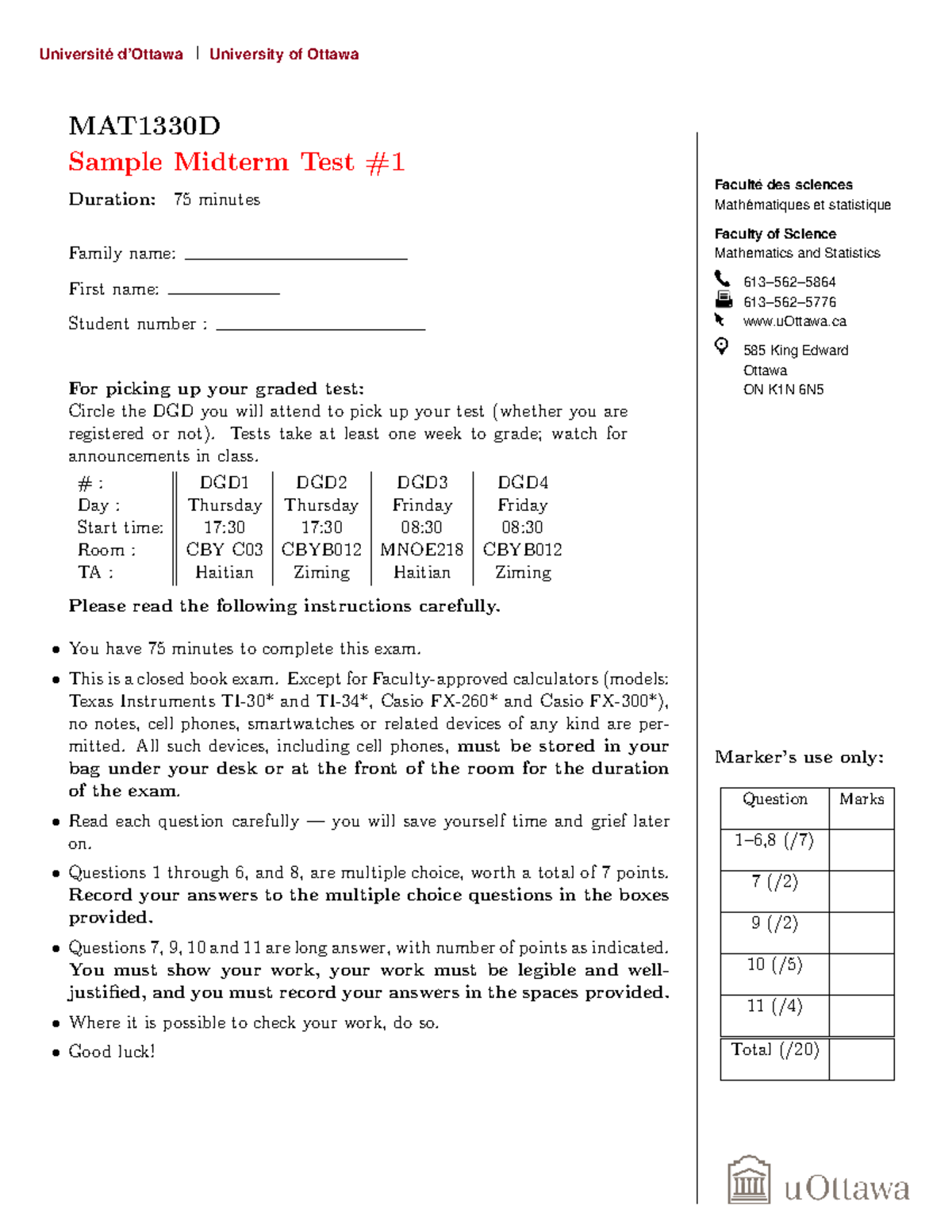 University of Ottawa MAT1330D Sample Midterm Test #1 details and ...