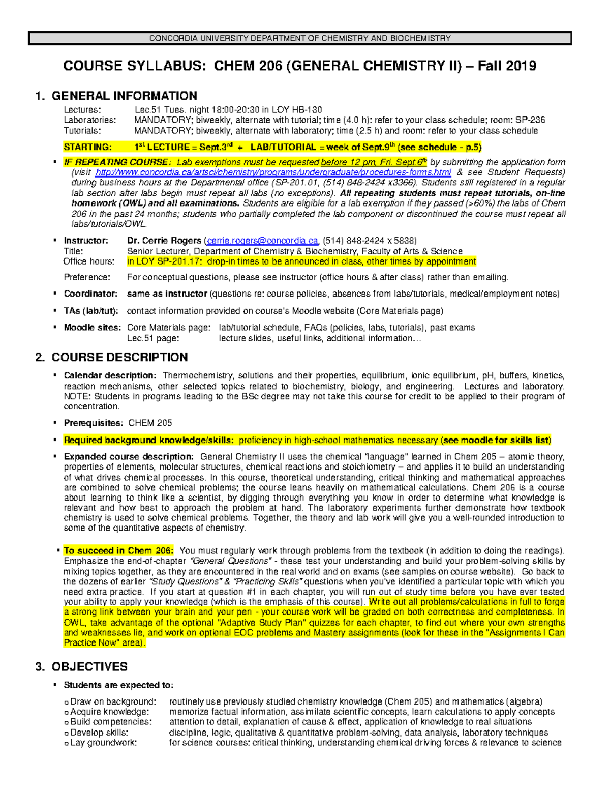 Chem 206 - Fall 2019 Syllabus for General Chemistry II Course - Studocu