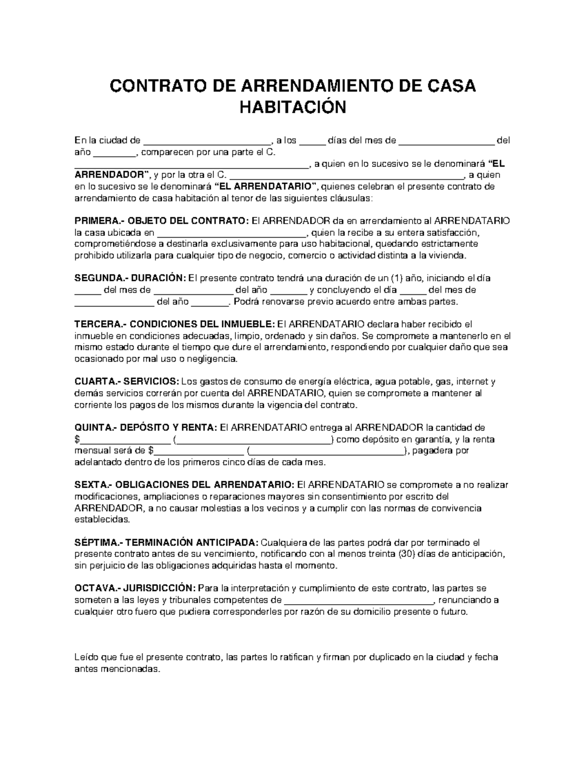 Contrato de Arrendamiento de Casa Habitación - Document Preview