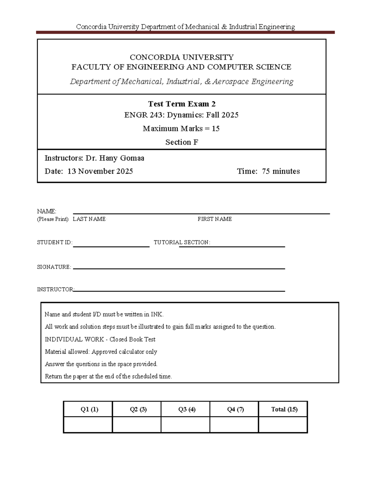 ENGR 243: Dynamics Midterm Exam 2 Solutions - Fall 2025 - Studocu
