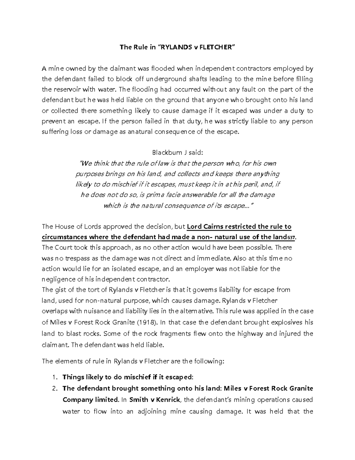 The Rule in Rylands v Fletcher: Liability for Escape and Damage - Studocu