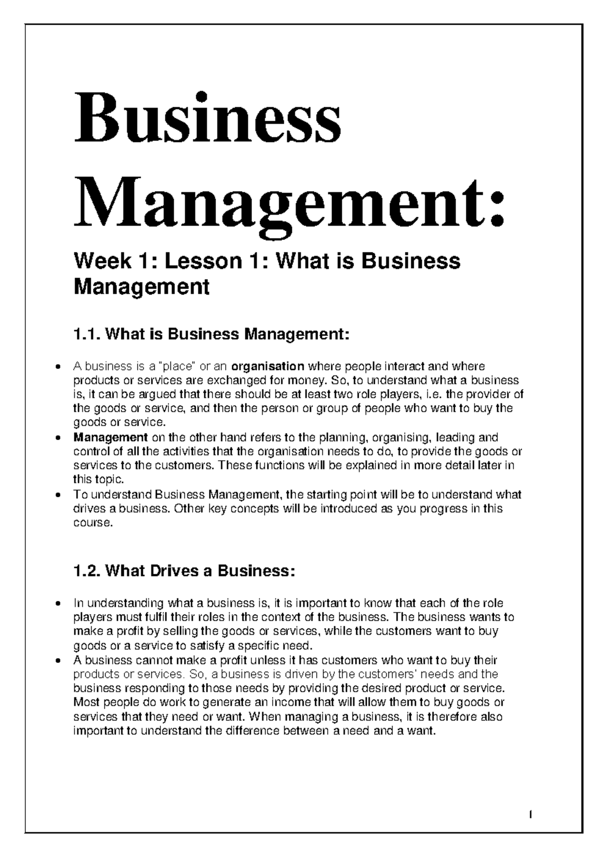 Business Management: Week 1 & 2 Overview of Key Concepts and ...
