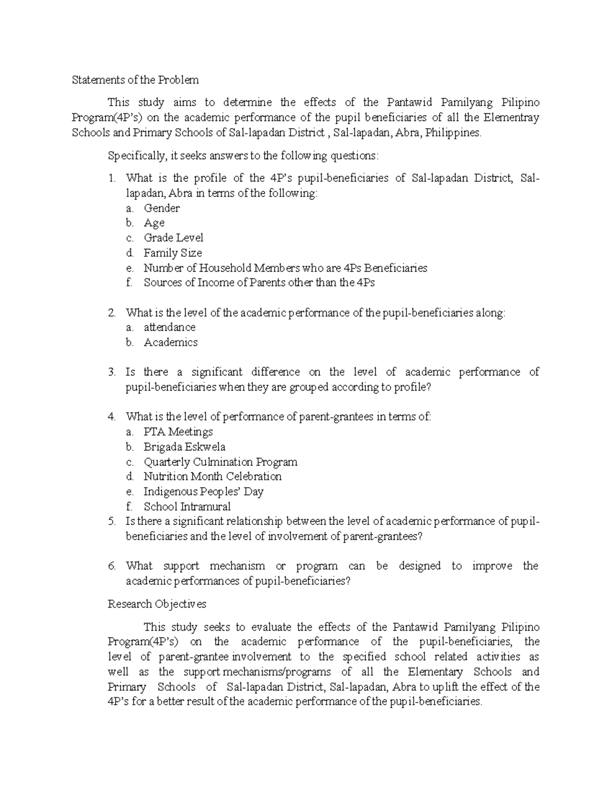 Effects of Pantawid Pamilyang Pilipino Program (4P's) on Student ...