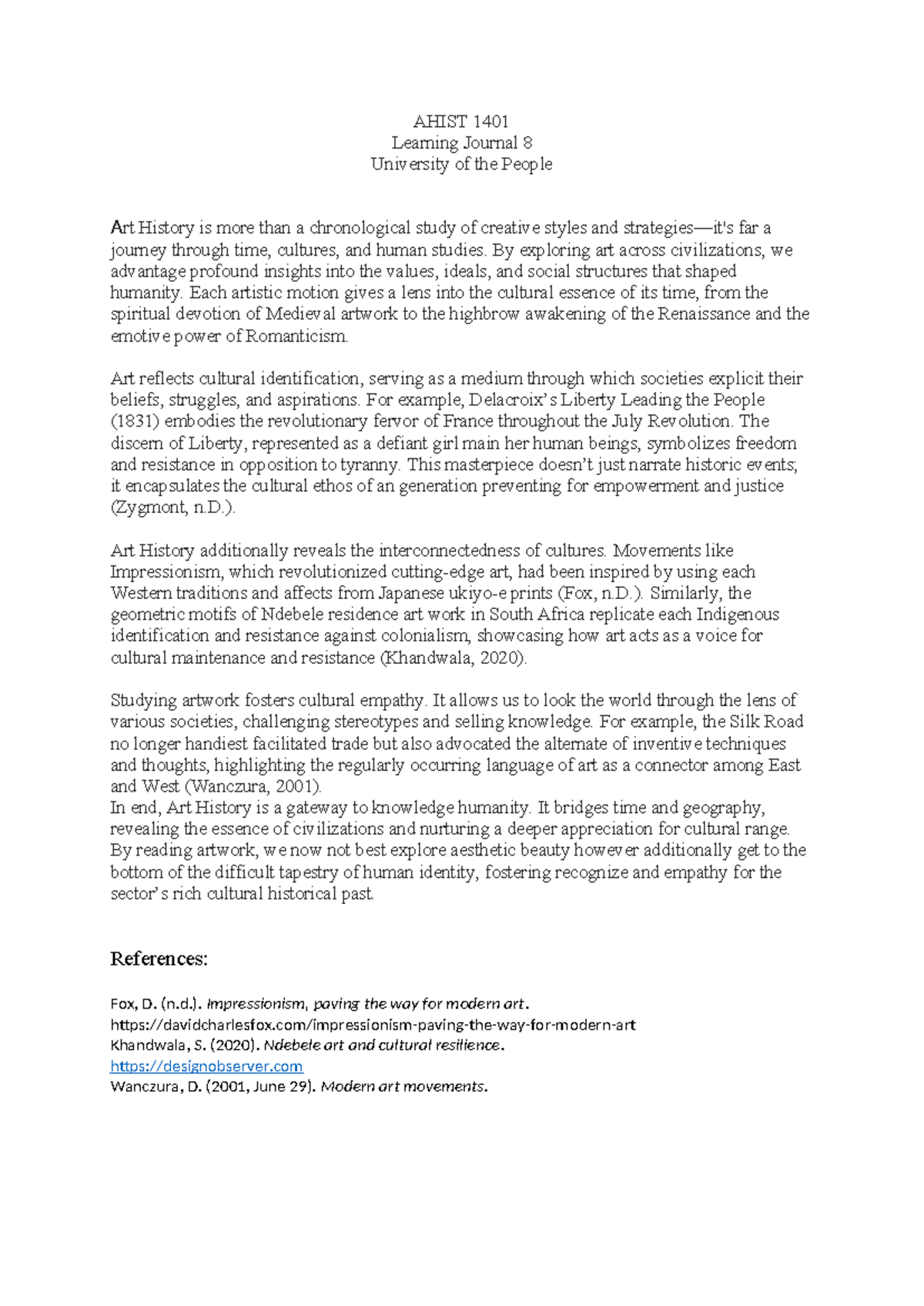 AHist 1401-learning Journal 8 - AHIST 1401 Learning Journal 8 ...