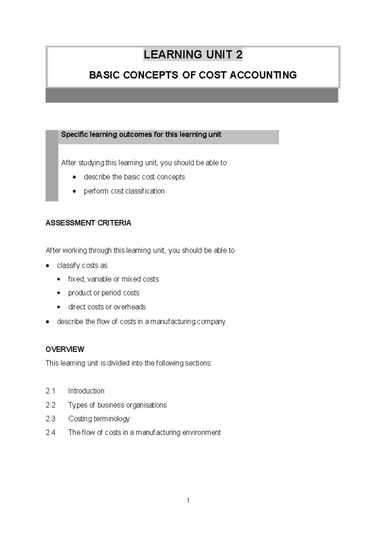 MAC1501 Unit 2: Basic Concepts of Cost Accounting Overview - Studocu